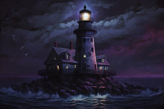 Robbins Reef Lighthouse in New York lighthouse purple and blue colors dark colors night realistic illustration 