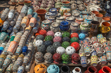 Colorful moroccan ceramics on street market in Morocco