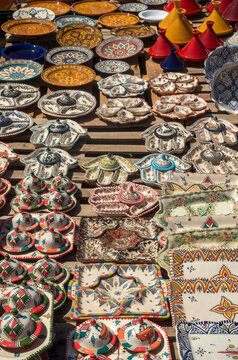 Colorful moroccan ceramics on street market in Morocco