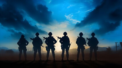 Silhouette of the Army Soldiers. Concept of Israeli and Hamas military crisis, conflict between Israel and Gaza Strip. Israel and Palestine war, terrorism. Generative AI. - obrazy, fototapety, plakaty