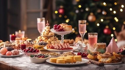 Christmas dinner table full of dishes with food and snacks in pink colors, elegant New Year decor with a Christmas tree in the background. - obrazy, fototapety, plakaty