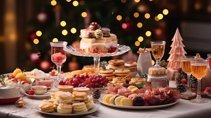 Fototapeta premium Christmas dinner table full of dishes with food and snacks in pink colors, elegant New Year decor with a Christmas tree in the background.