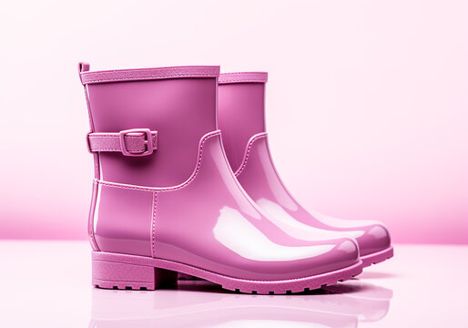 Women's fashion pink rain boots. Super detailed. Winter time. AI generated