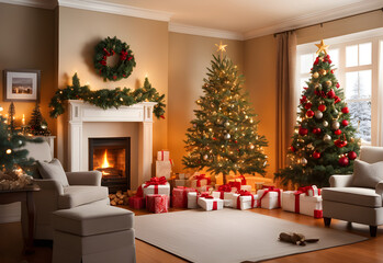 A beautifully decorated Christmas tree, softly lit by twinkling lights and surrounded by elegantly wrapped gifts