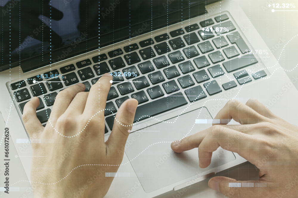 Aufkleber double exposure of abstract creative statistics data hologram with hands typing on laptop on backgro