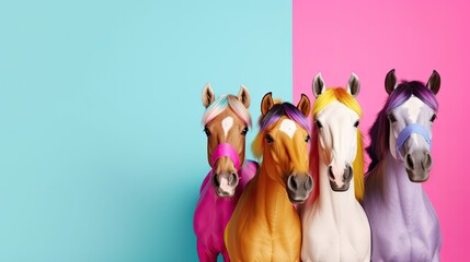 Group of horses with colorful hair on pastel pink and blue background, banner copy space, ai generative - obrazy, fototapety, plakaty