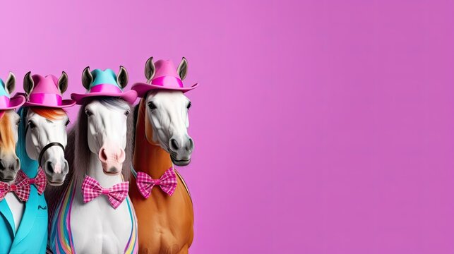Three horses with colorful ribbons on pink background, banner copy space, ai generative
