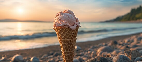 ice cream cones with a beach background