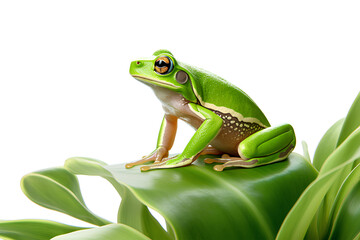 A frog sitting on top of a green leaf on a white background, Generative AI