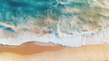 Fototapeta na wymiar Beach Sand Sea Shore with Blue wave and white foamy summer background,Aerial beach top view overhead seaside.