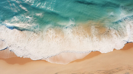 Beach Sand Sea Shore with Blue wave and white foamy summer background,Aerial beach top view overhead seaside.