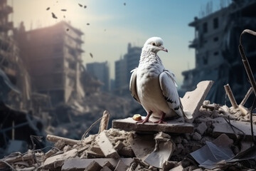 A white peace dove sat on rubble in a destroyed city during a war - obrazy, fototapety, plakaty