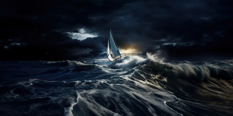 Yacht with a sail in the ocean during a storm , concept of Dramatic weather - obrazy, fototapety, plakaty
