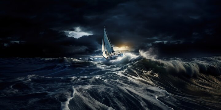 Yacht with a sail in the ocean during a storm , concept of Dramatic weather