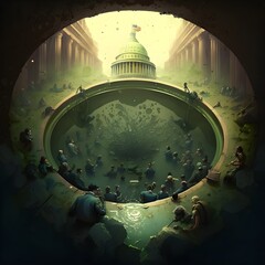 swamp biome located in Congress boggy swampy Congress giant drain hole in middle of Congress Congresspeople and desks circling the drain drain the swamp  - obrazy, fototapety, plakaty