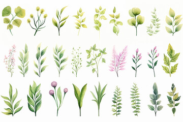 Fototapeta na wymiar The digital watercolor illustration of various green, blue, and brown leaves with flowers plants patterns for decoration isolated on a white background, generated by AI.