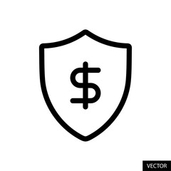 Shield with American dollar sign, USD symbol, financial protection concept icon in line style design for website, app, UI, isolated on white background. Editable stroke. Vector illustration.