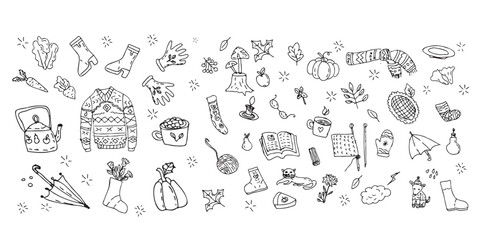 Autumn fall doodle elements collection set. Outline fall vector icons. Warm clothes, cups, leaves. Hand drawn autumn cozy sketch.