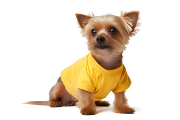 A small dog wearing a yellow shirt on a white background, Generative AI