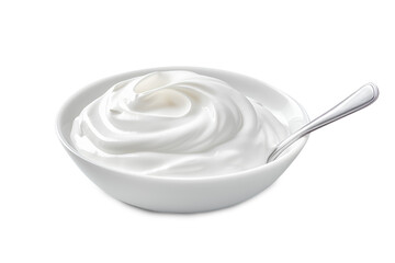 A spoon with whipped cream on it sitting on a plate on a Transparent background
