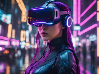 Asian woman wearing virtual reality goggles in the night city.