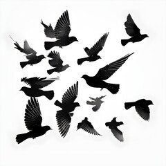 pigeon silhouettes flying in formationblack no detail blank white background 