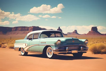 Fotobehang A vintage-style photograph of a classic car on Route 66, Generative AI © MONWARA