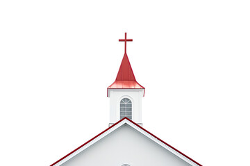 A white church with a red roof and a cross on top on a white background, Generative AI