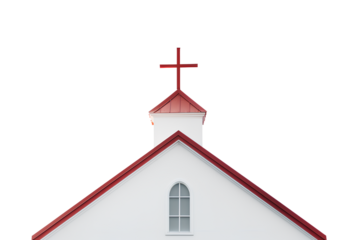 A white church with a red roof and a cross on top on a white background, Generative AI