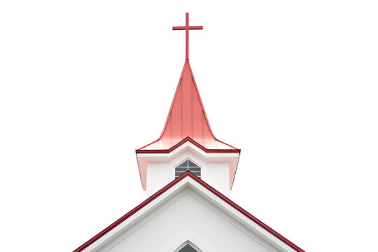 A white church with a red roof and a cross on top on a white background, Generative AI
