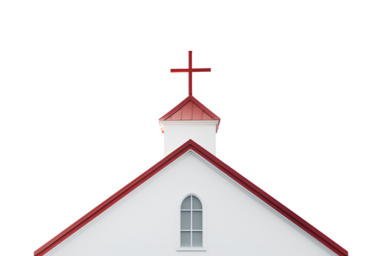 A white church with a red roof and a cross on top on a white background, Generative AI