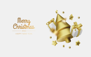 Happy New Year and Merry Christmas. Christmas holiday background with realistic 3d objects,gold and red bauble balls, conical metal stars. Levitation falling design composition.