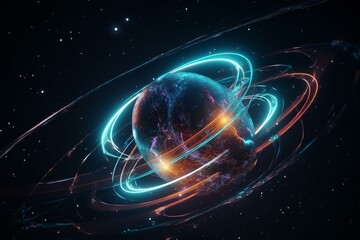 Vibrant 3D planet with luminous rings, abstract celestial system with orbiting stars and planets. Generative AI