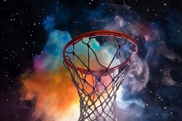 Fototapeta na wymiar Basketball and net in space with clouds and stars, final four colors, march madness. Generative AI