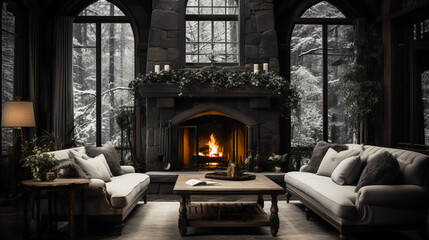 Mountain vacation home - fireplace - sofa - large windows - Christmas decorations - black and white...