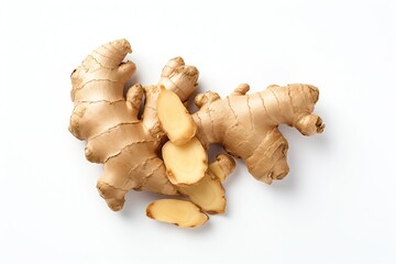 Ginger Root Close-Up, Whole and Cut, Isolated on White