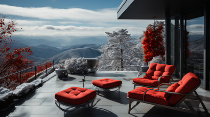 Christmas getaway - resort - spa - vacation - mountains - skiing - luxury - patio - black and white with red color splash - overhead view - inspired by the scenery of western north carolina