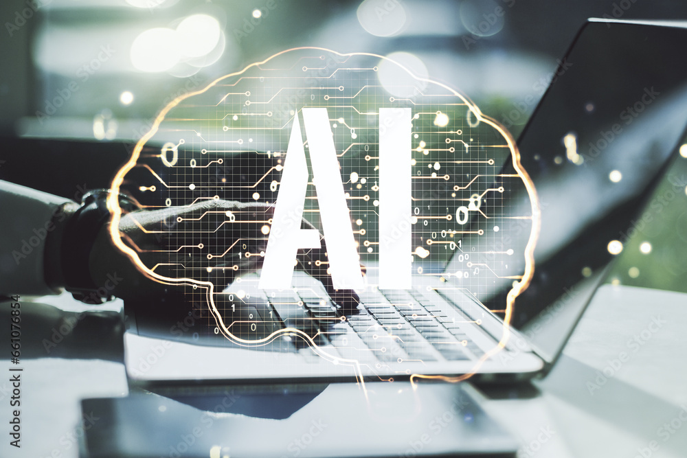 Aufkleber creative artificial intelligence concept with human brain hologram and hands typing on laptop on bac