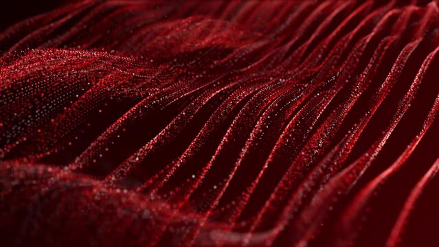 Abstract background with a field of sparkling red waves made of smoothly moving particles , 4k , 60 fps
