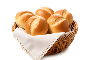 Basket with fresh Swiss buns on a white background