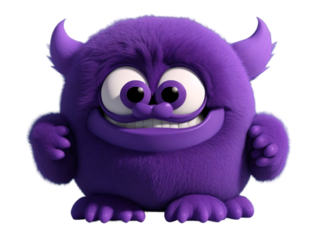 Cute and funny purple monster 3D cartoon character on transparent background. Generative Ai.