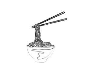 Minimal noodle in the bowl outline illustration. Simple of ramen in stylized ink brush drawing vector design.