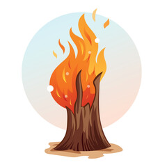 Burning tree. Burning stump. Bright fire.