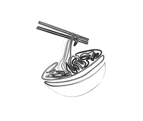 Minimal noodle in the bowl outline illustration. Simple of ramen in stylized ink brush drawing vector design.
