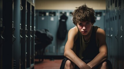 Fototapeta na wymiar A teen suffering from depression in a schools locker room.generative ai 