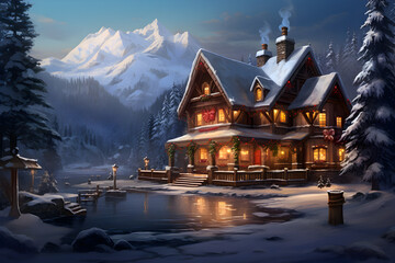 Winter retreat by Emerald Lake, A charming lodge amidst serene snowscape. High-quality illustration. - obrazy, fototapety, plakaty