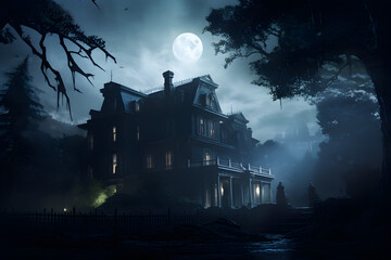 Moonlit Haunting, An Enchanting Mansion Emerges from the Mist. Artfully Crafted AI Imagery.