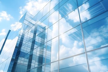 Obraz premium Urban Majesty, Glass Skyscrapers Reflecting Azure Sky. Architectural Detail in High-Resolution. Modern Metropolis Landscape.