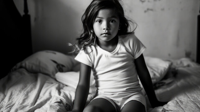 petite fille de type espagnol assise sur son lit, noir et blanc