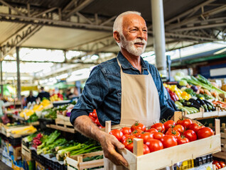 Friendly man tending an organic vegetable stall at a farmer's market and selling fresh vegetables. Male gardener selling basket full of fresh tomatoes at the vegetable market.